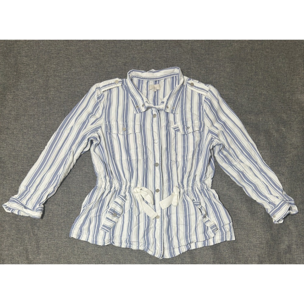 LOFT Womens XL Utility Jacket Blue White Striped Lyocell Drawstring Waist